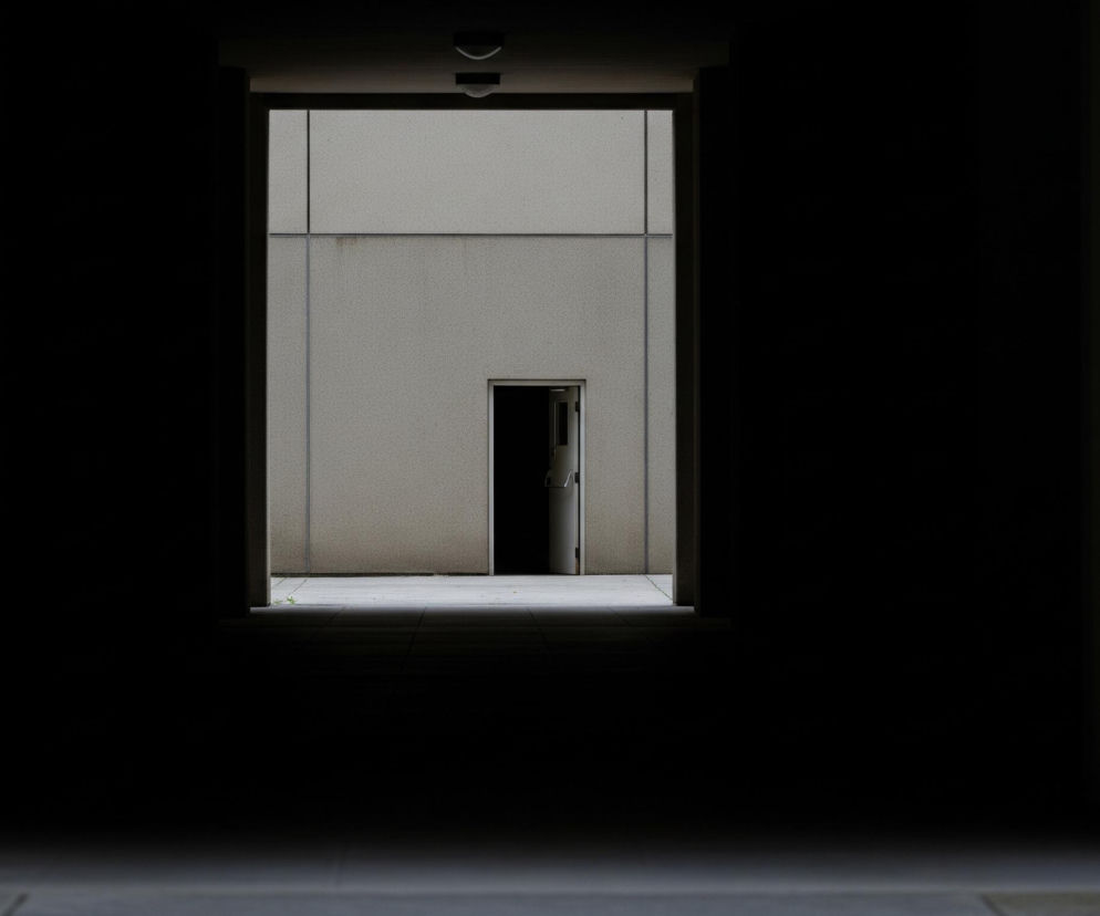 Kadr ukazuje symetryczne, ciemne przejście prowadzące do jaśniejszej przestrzeni zewnętrznej. W centrum obrazu znajduje się prostokątne otwarcie, przez które widać ścianę w jasnoszarym odcieniu, podzieloną pionowymi i poziomymi liniami konstrukcyjnymi. W dolnej części tej ściany umieszczone są lekko uchylone, ciemne drzwi z jasnym obramowaniem i poziomą klamką, prowadzące do jeszcze ciemniejszego wnętrza. Bezpośrednio przed drzwiami rozciąga się jasny, betonowy chodnik, na którym widać niewielkie zielone rośliny.