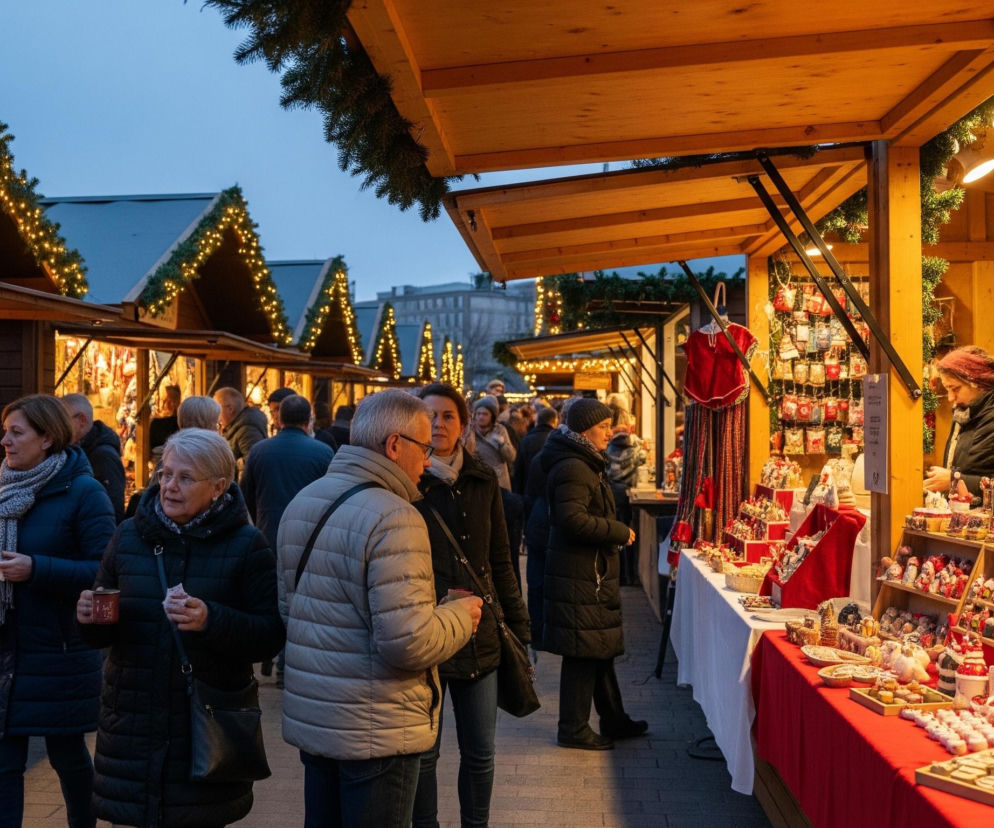 Uliczny targ o zmierzchu zapełniają drewniane stragany udekorowane świątecznymi girlandami z lampek i gałązek jodłowych, a także rzesze ludzi. Na pierwszym planie, po prawej stronie, widać stragan z rozmaitymi artykułami, takimi jak czerwone stroje, ozdobne filiżanki i drobne figurki, wszystko to wyeksponowane na stołach pokrytych białymi i czerwonymi obrusami. Ludzie ubrani w ciepłe kurtki i czapki spacerują między stoiskami, niektórzy trzymają w dłoniach kubki z gorącym napojem, podczas gdy inni oglądają wystawione towary. Tło rozmywa się w niebieskawym zmierzchu, ukazując dalsze stragany z podświetlonymi dachami oraz zarysy budynków w oddali.