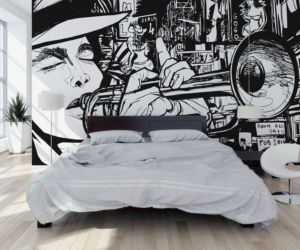Dwukolorowa tapeta w stylu pop - art w sypialni
