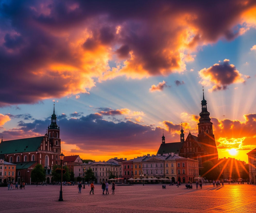 Na pierwszym planie rozciąga się duży, wybrukowany plac z licznymi ludźmi przechadzającymi się po nim i niewielkimi grupami siedzącymi przy kawiarnianych stolikach. Po lewej stronie dominuje duży, ceglany budynek kościoła z zielonym dachem i spiczastą wieżą, obok którego stoją jasne, wielopiętrowe kamienice. Po prawej stronie, na tle intensywnie pomarańczowego nieba, widoczny jest kolejny ceglany kościół z wysoką wieżą, zza której wyłania się jaskrawo świecące słońce, wysyłając złociste promienie rozchodzące się po błękitnym niebie i częściowo oświetlające chmury. Niebo jest dramatyczne, z ciemnymi, burzowymi chmurami przeplatanymi z jaśniejszymi, pomarańczowo-różowymi obłokami, co tworzy intensywny kontrast kolorystyczny między ciepłymi barwami zachodu a chłodniejszymi odcieniami błękitu i fioletu.