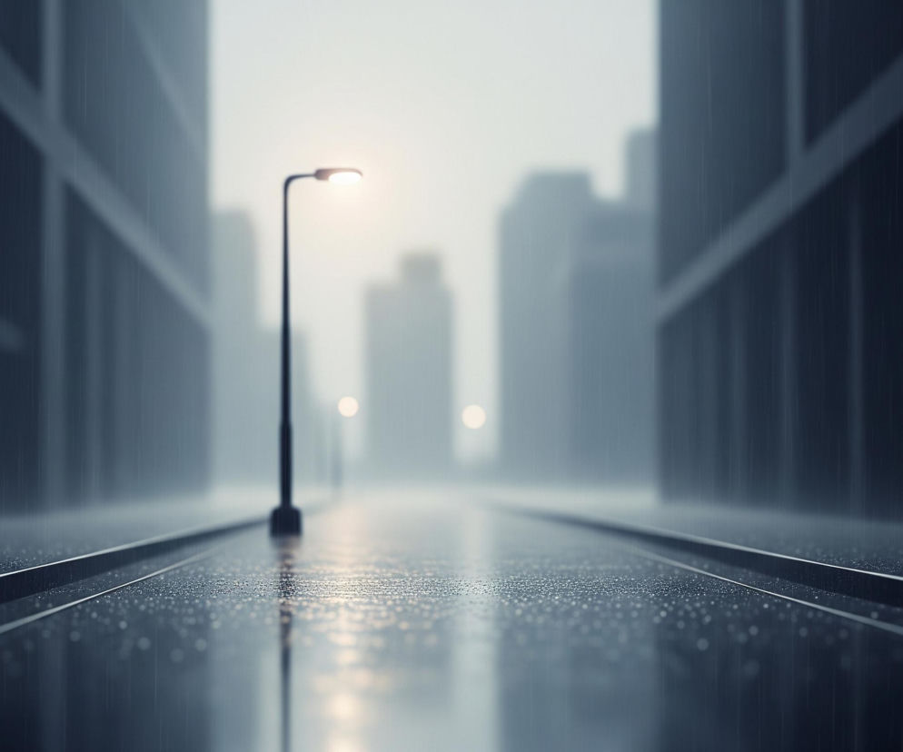 Deszczowa ulica w mieście w nocy. Na pierwszym planie, centralnie, stoi pojedyncza, czarna latarnia z jasnym, białym światłem. Mokra, czarna nawierzchnia ulicy odbija jej blask, a także rozproszone, kolorowe światła: czerwone i niebieskie, widoczne w postaci rozmytych kręgów po lewej i prawej stronie kadru. W tle widać niewyraźne, szare sylwetki wieżowców, ginące w deszczowej mgle, z jedną małą, jasną plamą światła na horyzoncie.