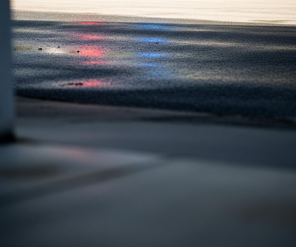 Główny plan przedstawia ciemnoszarą, zamgloną powierzchnię z nieostrymi, rozmywającymi się na niej czerwonawymi i niebieskimi plamami światła, które zdają się odbijać od drobnych, błyszczących punktów. Powierzchnia ta rozciąga się od lewej strony obrazu, wzdłuż jego dolnej krawędzi, aż do prawego dolnego rogu, tworząc ukośną linię horyzontu. W lewej części kompozycji widoczny jest pionowy, ciemnoszary filar lub ściana, zasłaniająca około jednej czwartej kadru. W górnej części obrazu widoczna jest jasna, rozmyta powierzchnia o kremowym odcieniu, przechodząca w dół w ciemniejszy, niebiesko-szary obszar, który również posiada drobne, błyszczące punkty.