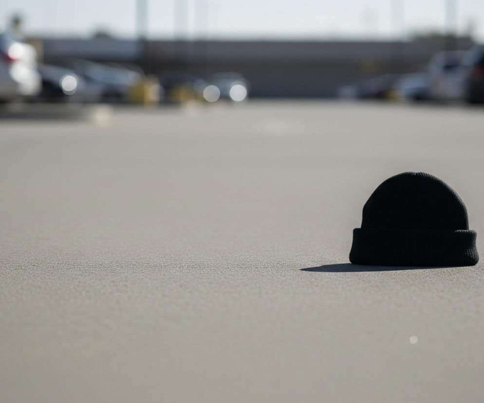 Na pierwszym planie, w prawej części zdjęcia, leży czarna, dzianinowa czapka beanie. Czapka rzuca krótki, ciemny cień na jasnoszarą, chropowatą nawierzchnię. W tle, rozmyte tło przedstawia parking z rzędami zaparkowanych samochodów, z żółtymi słupkami widocznymi między nimi, wszystko pod jasnym, bezchmurnym niebem.