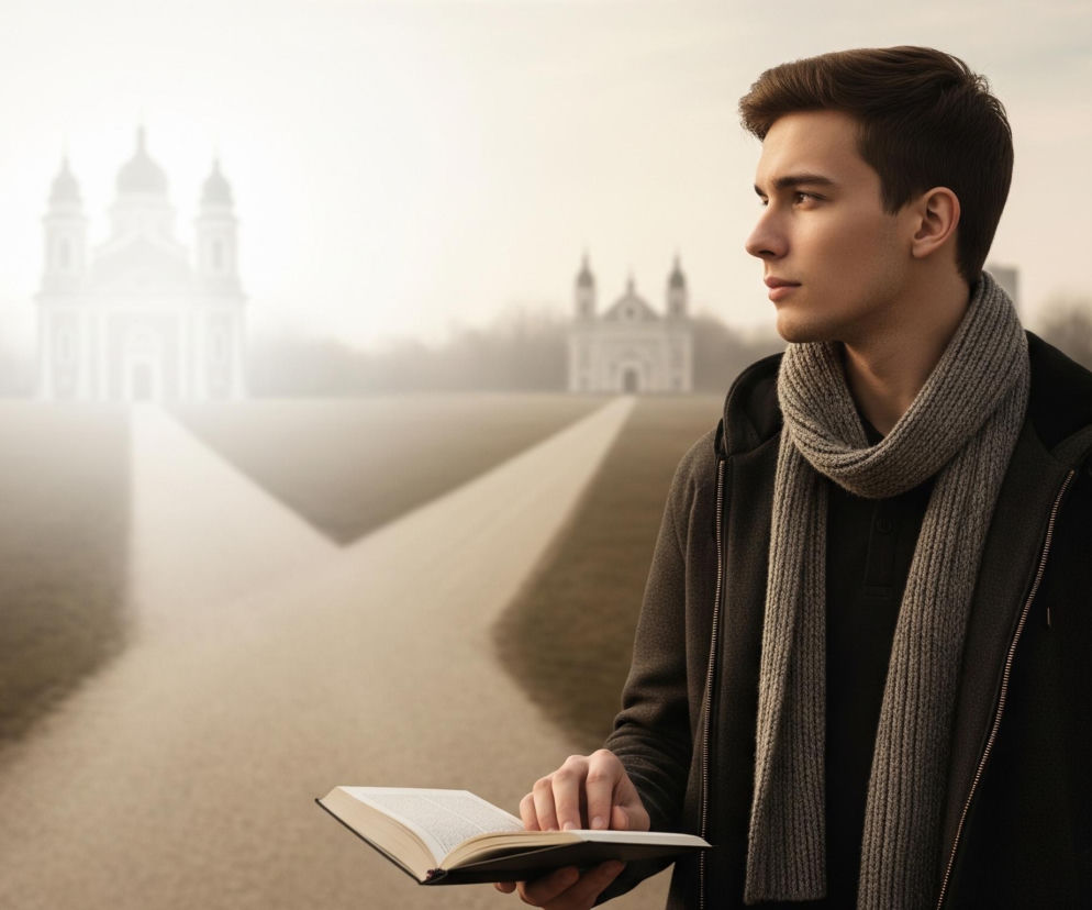 Młody mężczyzna, stojący w prawym półprofilu, stanowi centralny punkt kadru; ma krótkie, ciemnobrązowe włosy i jest ubrany w ciemny płaszcz z kapturem oraz gruby, szary szalik. W lewej dłoni trzyma otwartą książkę z białymi stronami i czarną okładką, a jego wzrok skierowany jest w lewo, poza kadr. Za nim, na rozległym, trawiastym terenie, widoczne są dwie rozchodzące się ścieżki prowadzące do mglistych budynków w oddali – po lewej stronie znajduje się jasna, majestatyczna budowla przypominająca kościół z kopułami, a po prawej, bardziej niewyraźne, ciemne kształty budynków. Całość otacza jasna, jednolita mgła, tworząca eteryczną atmosferę i rozmywającą horyzont.