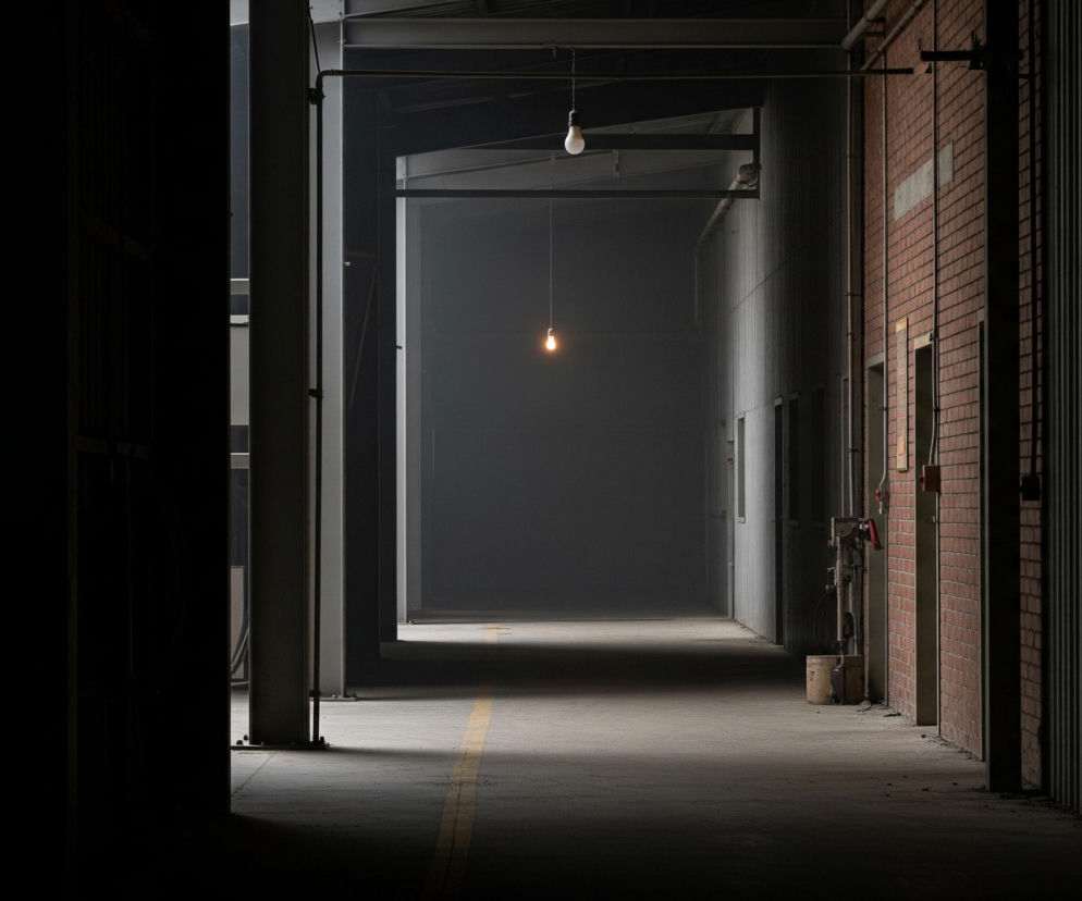Długi, ciemny korytarz hali przemysłowej rozciąga się w głąb, zanikając w zamglonym, nieprzeniknionym mroku. W centralnej części korytarza, na tle mglistej ciemności, wisi samotna, żarząca się żarówka, emitująca ciepłe, pomarańczowe światło. Z prawej strony dominuje ceglana ściana z widocznymi rurami i kilkoma zamkniętymi, ciemnymi drzwiami, natomiast z lewej strony widoczne są masywne, pionowe filary konstrukcji hali. Na betonowej podłodze, biegnącej przez całą długość korytarza, widoczna jest żółta, przerwana linia.