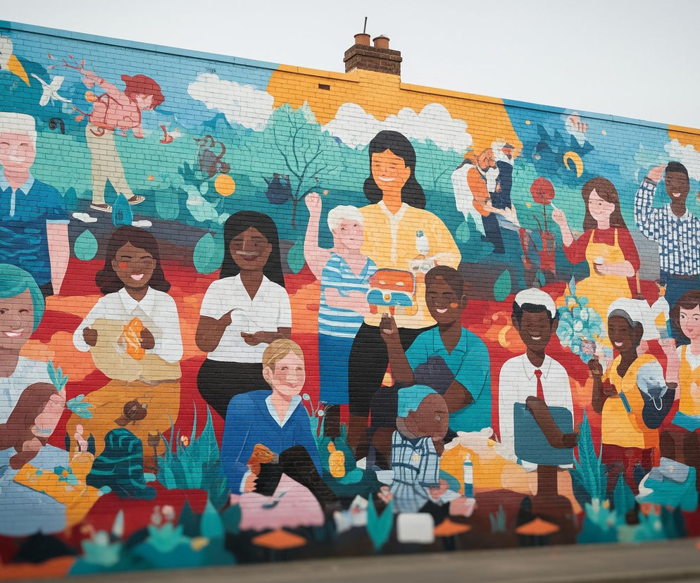 Duży, kolorowy mural pokrywa całą ścianę budynku z cegły, przedstawiając sceny z życia codziennego i wiele postaci o różnym wieku i pochodzeniu etnicznym. Górna część muralu, o tle jasnego błękitu przechodzącego w pomarańcz i biel, ukazuje postaci zajęte aktywnościami na świeżym powietrzu, takimi jak jazda na rowerze, spacery i zajęcia artystyczne, z drzewami i chmurami w tle. W dolnej części, na tle czerwieni, pomarańczy i żółci, dominują uśmiechnięte twarze dorosłych i dzieci, wielu z nich trzyma w rękach rośliny, naczynia czy inne przedmioty, otoczeni bujną roślinnością. Całość tworzy dynamiczną kompozycję pełną życia i radości, z detalami w tle, takimi jak domy i pojazdy, które są rozmyte i niewyraźne.
