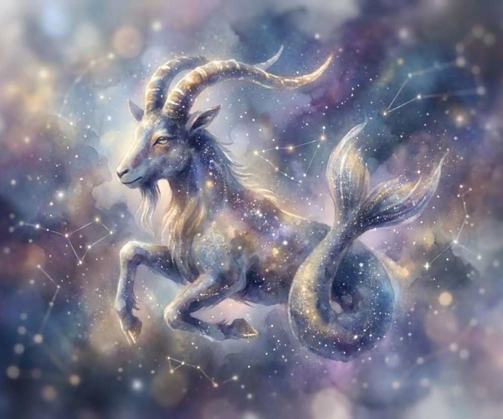 Grafika przedstawia mistycznego Koziorożca z rybim ogonem, symbolizującego znak zodiaku, w otoczeniu gwiezdnej mgławicy i konstelacji. Jego lśniące futro i rogi mienią się w kosmicznym świetle. Artykuł na naszym portalu omawia horoskop dzienny dla Koziorożca, skupiając się na równowadze i autentyczności.