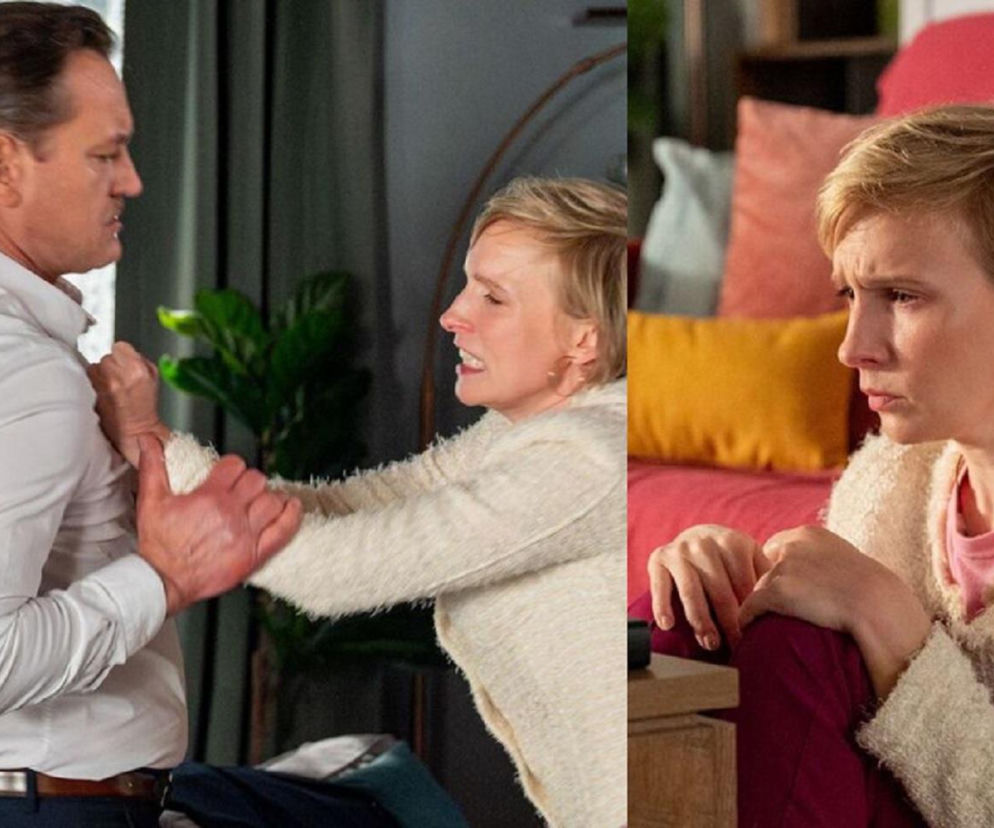 Dwa ujęcia z serialu Barwy szczęścia. Po lewej kłótnia Soni (Weronika Nockowska) ze Stefaniakiem (Paweł Ławrynowicz), gdzie Sonia próbuje odepchnąć mężczyznę, a po prawej Sonia siedząca z zamyśloną, smutną miną. Więcej o ich losach na stronie Super Seriale.