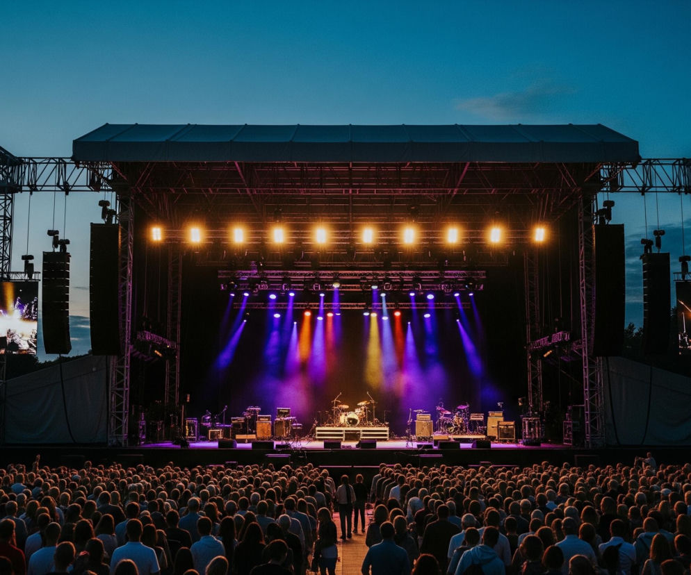 Scena koncertowa z baldachimem góruje nad licznym tłumem, oświetlona różnokolorowymi światłami. Na scenie widoczne są instrumenty, w tym perkusja i wzmacniacze, a na górze świeci rząd jasnych reflektorów. Po obu stronach głównej sceny znajdują się duże ekrany LED, wyświetlające zbliżenia na muzyków. Tłum ludzi, widoczny od tyłu, wypełnia przedpole sceny, a niebo nad sceną przechodzi od jasnego błękitu do ciemniejszego odcienia.