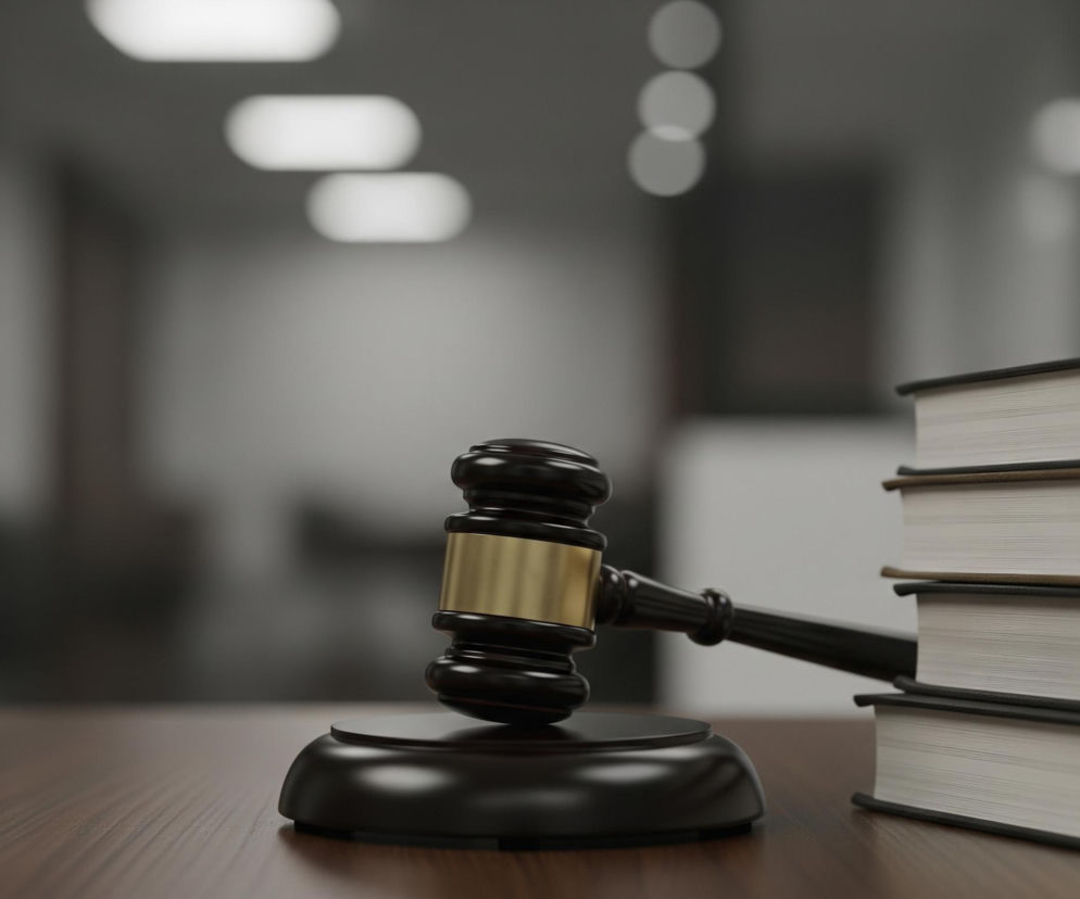 Na drewnianym, brązowym blacie stołu znajduje się czarny drewniany młotek sędziowski ze złotym pierścieniem na środku, spoczywający na czarnej podstawce. Po prawej stronie młotka ułożony jest stos trzech grubych książek w ciemnych okładkach i jasnych stronach. Tło jest rozmyte, ukazując jaśniejsze, owalne kształty, sugerujące światło.