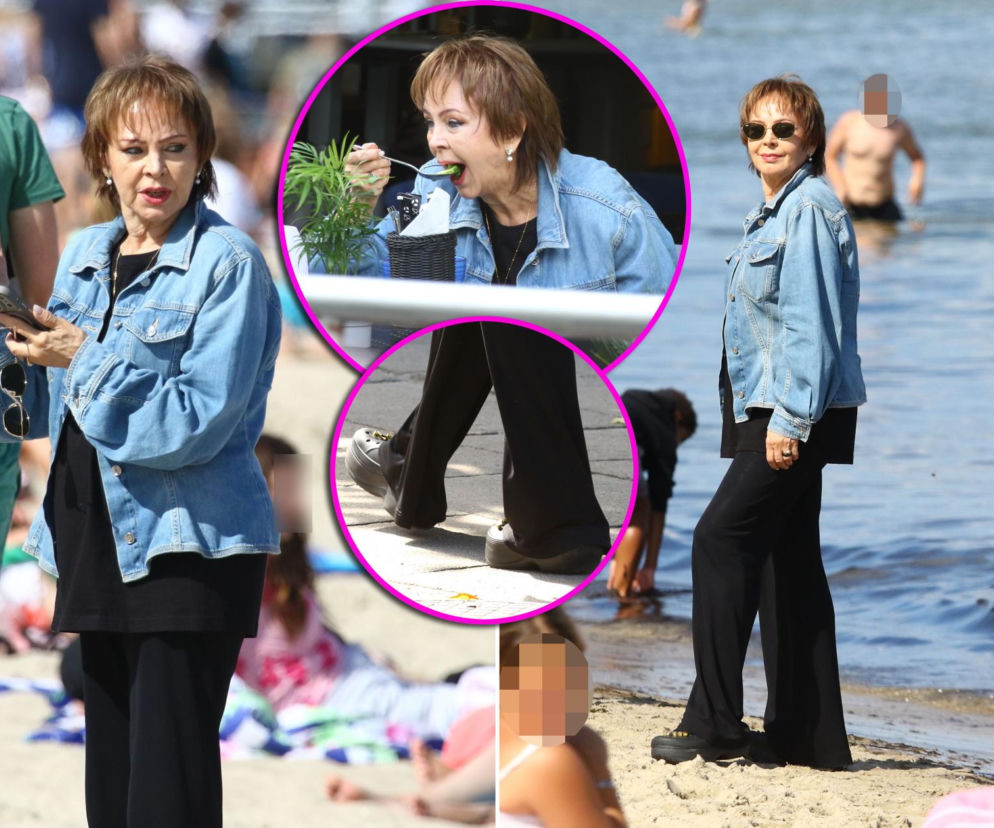 Izabela Trojanowska w kurtce i spodniach na plaży. Obok na miniaturach w restauracji i w koturnach. Czytaj w SE.