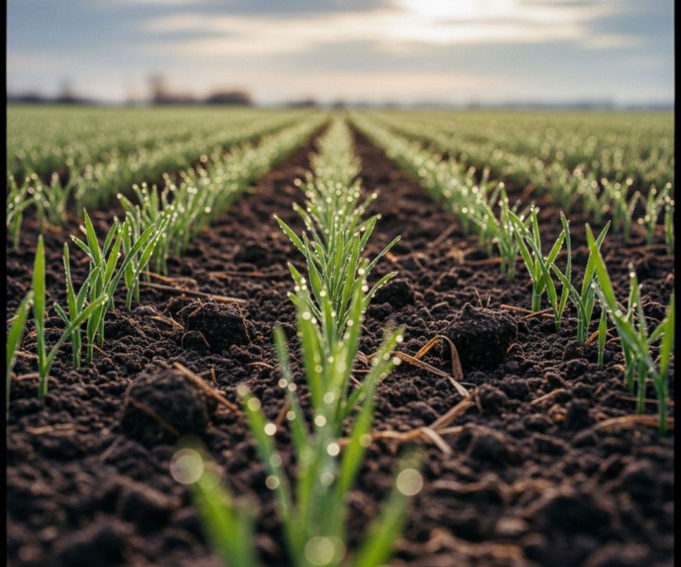 Kiełkujące zielone pędy owsa z kroplami rosy na liściach, wyrastające z ciemnej gleby w równych rzędach na polu o poranku, symbolizujące wczesny siew i potencjał uprawy, o której przeczytasz więcej na Super Biznes.