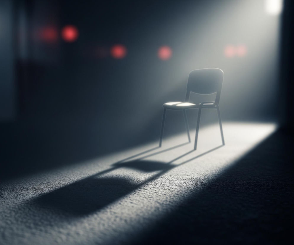Pusta, szarawo-czarna prosta krzesło stoi w centrum kadru, oświetlone przez jasny, pionowy snop światła padający z prawej górnej części. Na szorstkim, ziarnistym podłożu widoczny jest wyraźny, wydłużony cień krzesła, rozciągający się w lewą dolną stronę. Tło jest ciemne i rozmyte, z niewyraźnymi czerwonymi punktami światła widocznymi w lewym górnym rogu, dodającymi subtelnego koloru do ponurej sceny.
