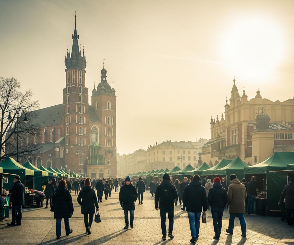 Na szerokim placu znajduje się duża grupa ludzi, z których wielu przechadza się między rzędami zielonych namiotów jarmarkowych, ciągnących się po obu stronach. Po lewej stronie placu dominuje wysoka, ceglana budowla z dwiema wieżami, z których jedna jest znacznie wyższa i zwieńczona szpiczastą iglicą. Po prawej stronie widać fasadę jasnego budynku z ozdobnymi szczytami i arkadami. Jasne słońce świeci z prawej górnej części kadru, rzucając długie cienie na brukowany plac i oświetlając budynki, podczas gdy niebo w tle ma odcień beżowo-szary.