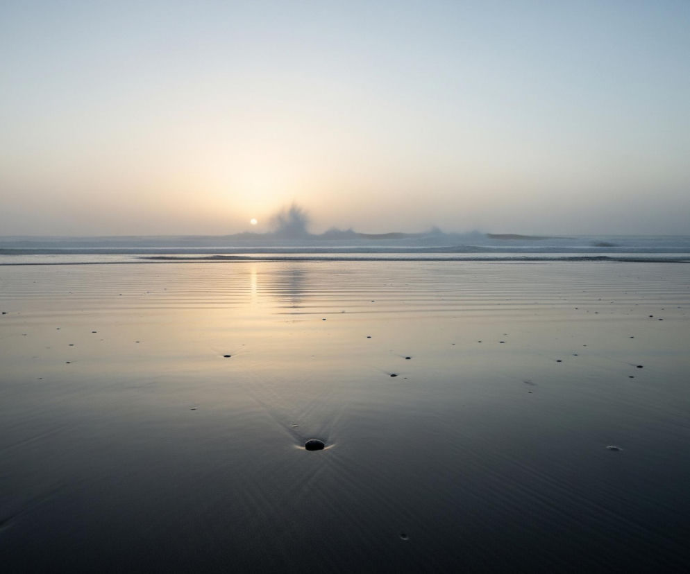 Piaszczysta plaża rozciąga się w kierunku horyzontu pod mglistym, niebiesko-szarym niebem. Na pierwszym planie, ciemny, mokry piasek usiany jest nieregularnymi wgłębieniami i drobnymi kamieniami, a odbicia słońca tworzą świetliste smugi na jego powierzchni. W oddali, jasnożółte słońce, częściowo przesłonięte falą, rozświetla horyzont, nad którym woda rozbryzguje się w wysokiej, białej pióropuszy. Dalsze fale toczą się łagodnie w stronę brzegu, a linia horyzontu zlewa się z jasnym, zamglonym niebem.