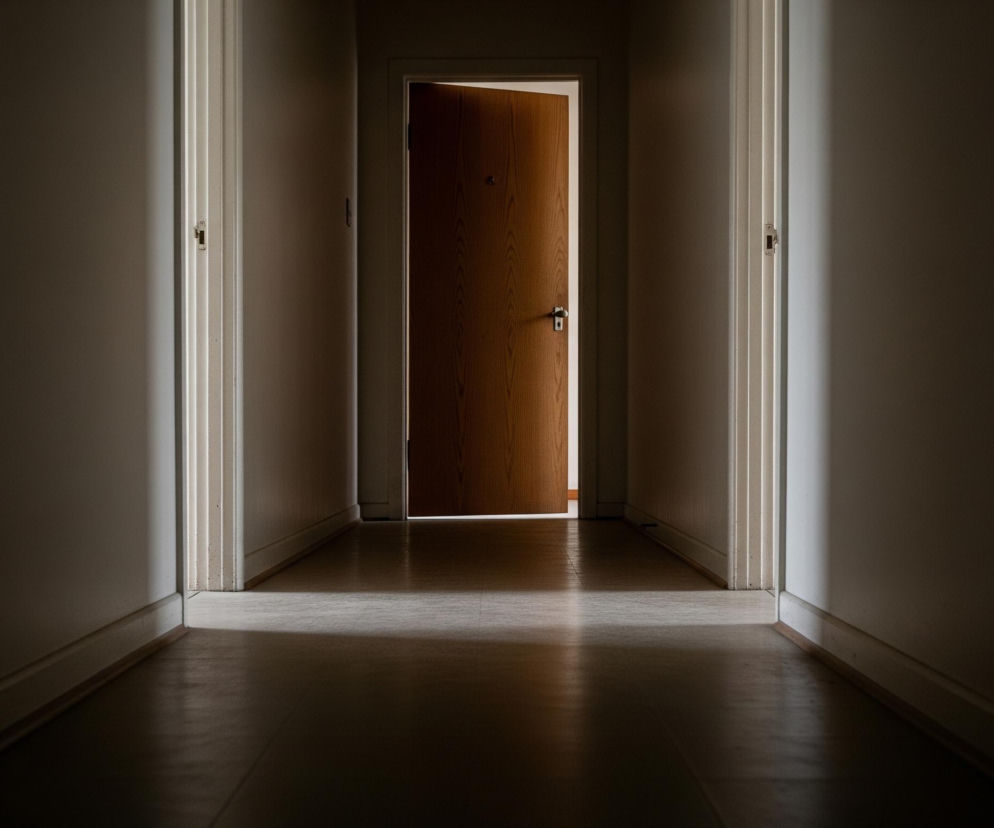 Długi, ciemny korytarz prowadzi do uchylonych, drewnianych drzwi na jego końcu. Po bokach korytarza widoczne są jasne ściany z białymi listwami przypodłogowymi oraz opaskami drzwiowymi, które zanikają w mroku. Podłoga pokryta jest jasnymi płytkami, częściowo oświetlonymi blaskiem wpadającym przez drzwi, tworzącym odblaski i cień rzucany wzdłuż korytarza. Światło zza otwartych drzwi oświetla ich prawą stronę, ukazując jasne wnętrze pokoju.