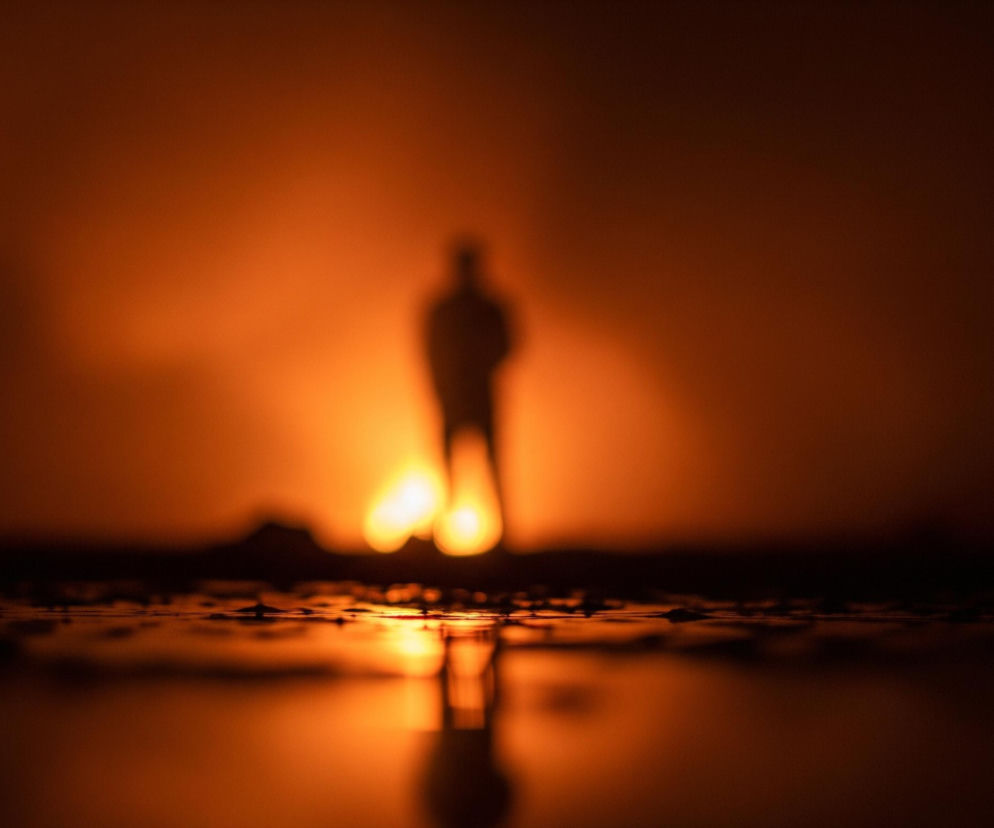 Rozmyta sylwetka osoby stoi na środku obrazu, odwrócona plecami do patrzącego, z ramionami zwieszonymi wzdłuż tułowia. Postać jest całkowicie zacieniona, widoczna jako ciemny kształt na jasnym, rozświetlonym tle w odcieniach intensywnego pomarańczu i czerwieni, przypominającego poświatę ognia lub zachodu słońca. Pod postacią i na pierwszym planie widoczna jest powierzchnia pokryta drobnymi nierównościami, która odbija światło, tworząc rozmyte refleksy pomarańczowego blasku. Cała scena jest zdominowana przez ciepłe barwy, tworząc wrażenie tajemniczości i głębi.