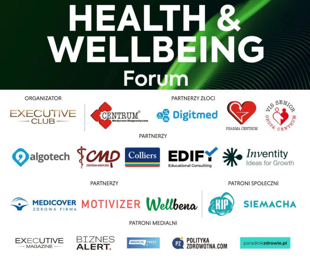 Grafika promująca Health & Wellbeing Forum 2026, prezentująca logo wydarzenia oraz listę organizatorów, partnerów głównych i medialnych, w tym Poradnik Zdrowie. To wydarzenie omawia zdrowie pracowników jako strategiczny priorytet firm.
