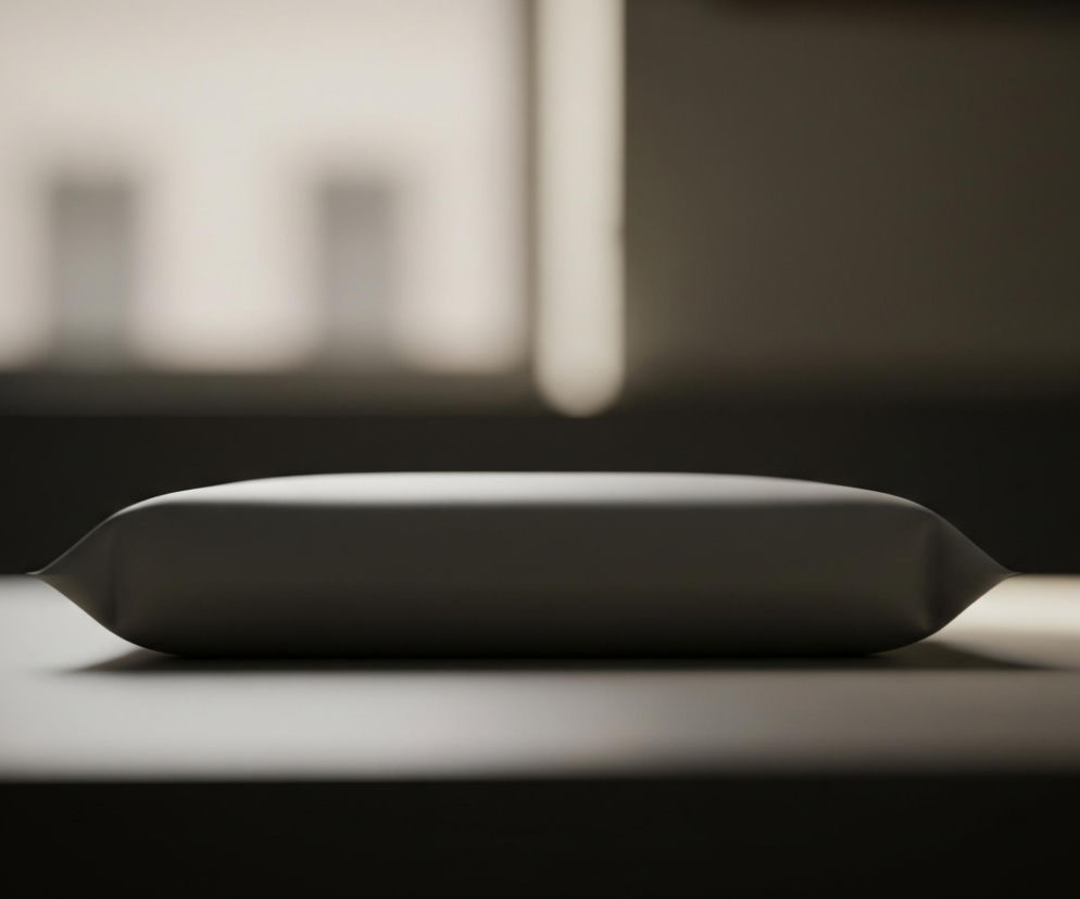 Pozioma, owalna bryła w szarym kolorze leży na płaskiej, również szarej powierzchni, która rozciąga się w głąb obrazu. Na bryłę pada światło z prawej strony, tworząc rozjaśnioną smugę na powierzchni pod nią oraz cień po jej lewej stronie. Tło jest rozmazane, ciemniejsze po lewej i jaśniejsze po prawej, z niewyraźnymi, pionowymi i poziomymi kształtami.