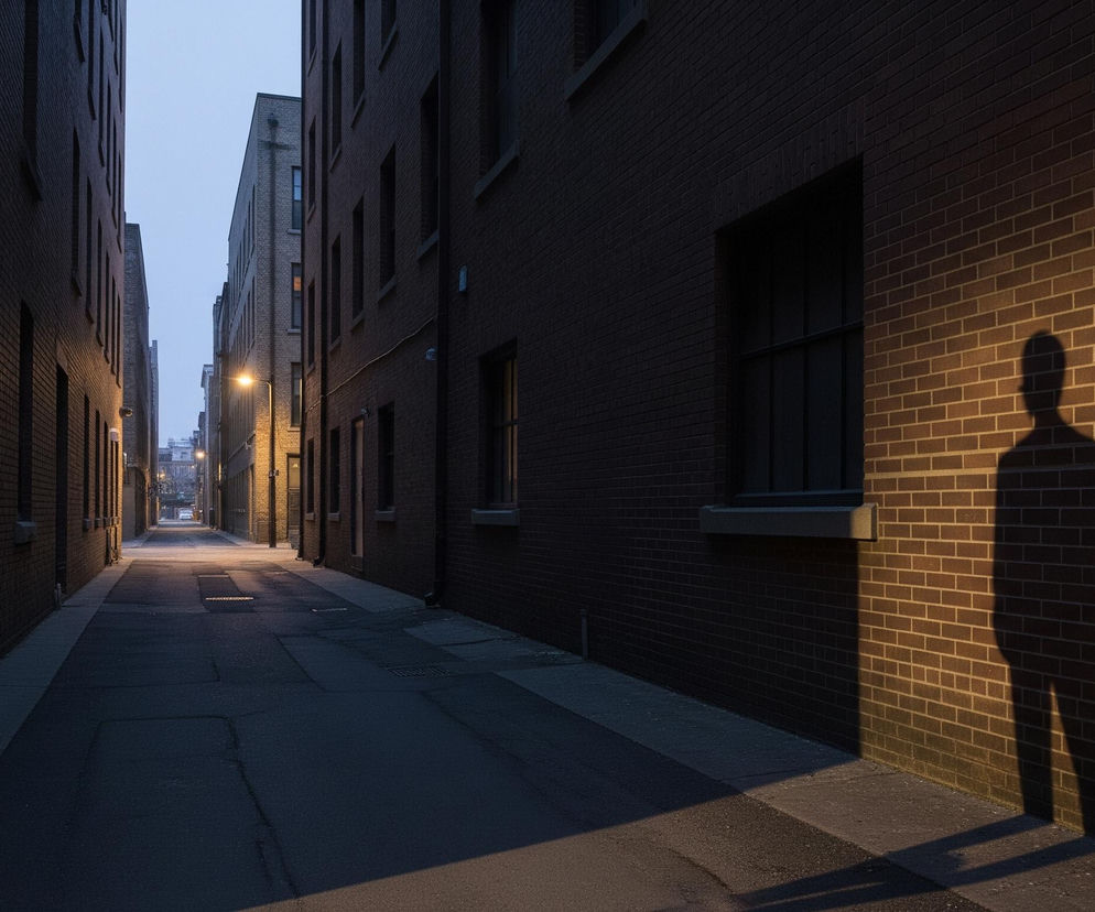 Wąska alejka między wysokimi, ceglanymi budynkami prowadzi w głąb obrazu. Po prawej stronie, na murze z brązowej cegły, widoczny jest ciemny, wyraźny cień sylwetki człowieka, oświetlony pomarańczowym światłem. Dalej w perspektywie, na końcu zaułka, świeci pojedyncza latarnia, rzucając jasną poświatę na ulicę, która jest ciemna i asfaltowa, z widocznymi betonowymi chodnikami po obu stronach. Niebo nad budynkami jest jasnoszare, co sugeruje wczesny poranek lub późny wieczór.