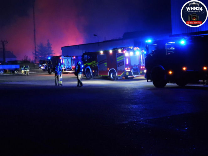 Gigantyczny pożar hal produkcyjnych w Bramkach. W akcji setki strażaków