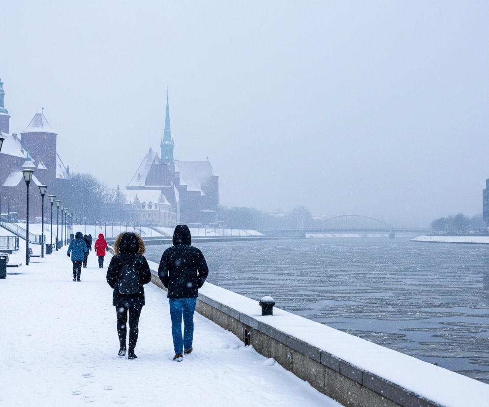 Dwoje ludzi, ubranych w ciemne, zimowe kurtki z kapturami, idzie zaśnieżonym chodnikiem wzdłuż rzeki, na której unoszą się tafle lodu. Śnieg intensywnie pada, tworząc gęstą, białą mgłę w tle, przez którą majaczą zarysy budynków, w tym wysokiej wieży z zielonym dachem i spiczastą iglicą, oraz mostu. Po lewej stronie chodnika rozmieszczone są latarnie uliczne, ławki i kosze na śmieci, wszystkie pokryte śniegiem.