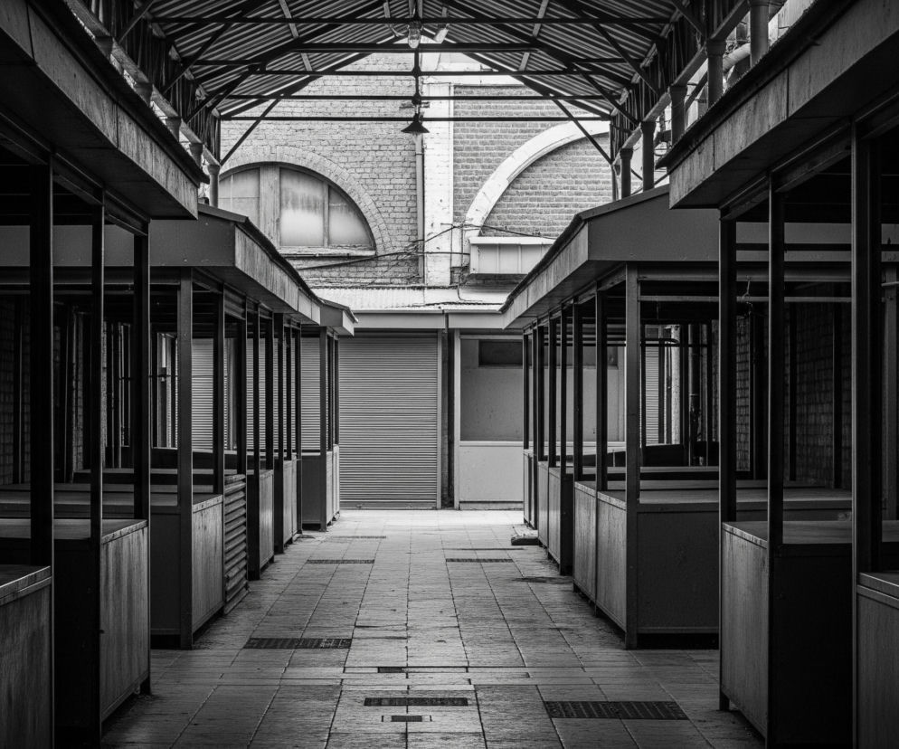 Pusta aleja z rzędami stoisk po obu stronach rozciąga się w głąb obrazu, ukazując symetryczny układ. Scena jest utrzymana w monochromatycznej tonacji szarości, czerni i bieli. Na końcu alei widoczne są ceglane ściany z półkolistymi oknami i zamkniętymi żaluzjami. Sufit konstrukcji, składający się z metalowych belek i falistej blachy, dominuje nad stoiskami, z których niektóre posiadają zadaszenia, a inne są otwarte.