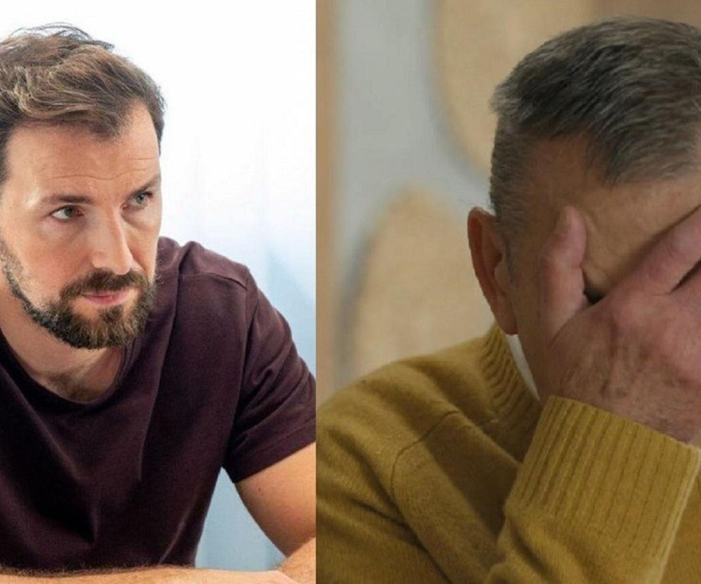 Marcin Kodur w ciemnej koszulce i Czesław Marian Jaskulski w żółtym swetrze, zakrywający twarz dłonią, w scenie z serialu „Barwy szczęścia”. Artykuł na Super Seriale opisuje przebłysk intuicji detektywistycznej Kodura i wskazanie przez Czesława „pamiątek” po Agnieszce.