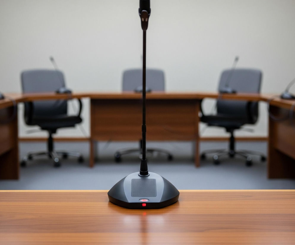 Na pierwszym planie znajduje się ciemnobrązowy blat stołu, a na nim czarny mikrofon z czerwoną diodą sygnalizującą aktywność. W tle widoczny jest duży, drewniany stół konferencyjny w kształcie podkowy, wokół którego ustawiono szare fotele obrotowe. Na stole rozmieszczone są liczne mikrofony na gęsiej szyjce, skierowane w stronę niewidocznych uczestników. Całe pomieszczenie ma jasne, neutralne ściany.