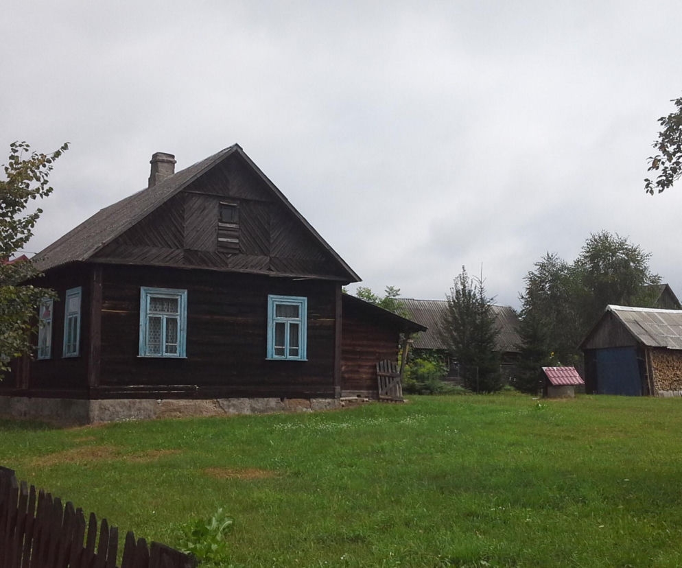Drewniany dom w Żerczycach z niebieskimi okiennicami, na tle pochmurnego nieba. Obok zielony trawnik, stary płot i drzewa. Za domem widoczne zabudowania gospodarcze. Więcej o siedliskach na Lubelszczyźnie przeczytasz na naszym portalu.
