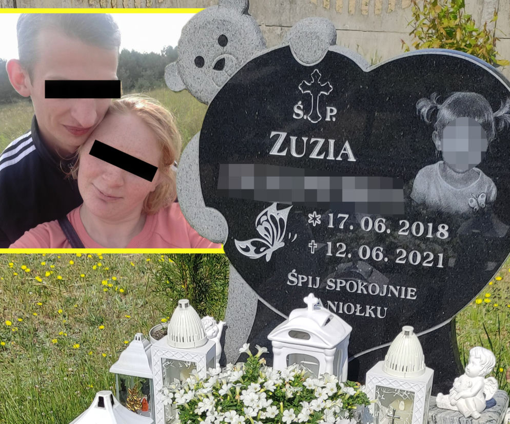 Nagrobek małej Zuzi w kształcie serca trzymanego przez misia. Obok na wstawce skazana matka z partnerem. Czytaj w SE.