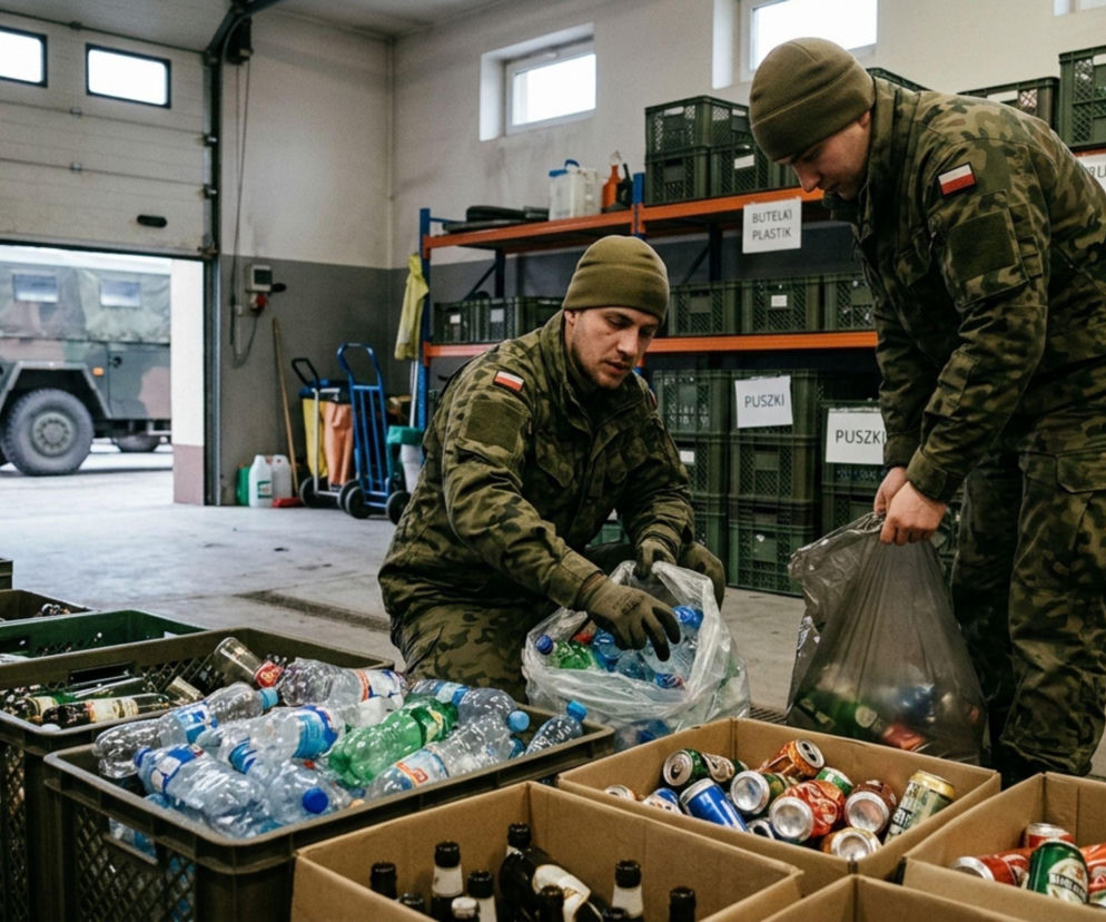 Dwóch żołnierzy w mundurach i czapkach segreguje butelki plastikowe oraz puszki do skrzynek z etykietami „BUTELKI PLASTIK” i „PUSZKI”. W tle wojskowy pojazd z zielonym plandeką, w artykule Super Biznes można przeczytać o problemach wojska z systemem kaucyjnym.
