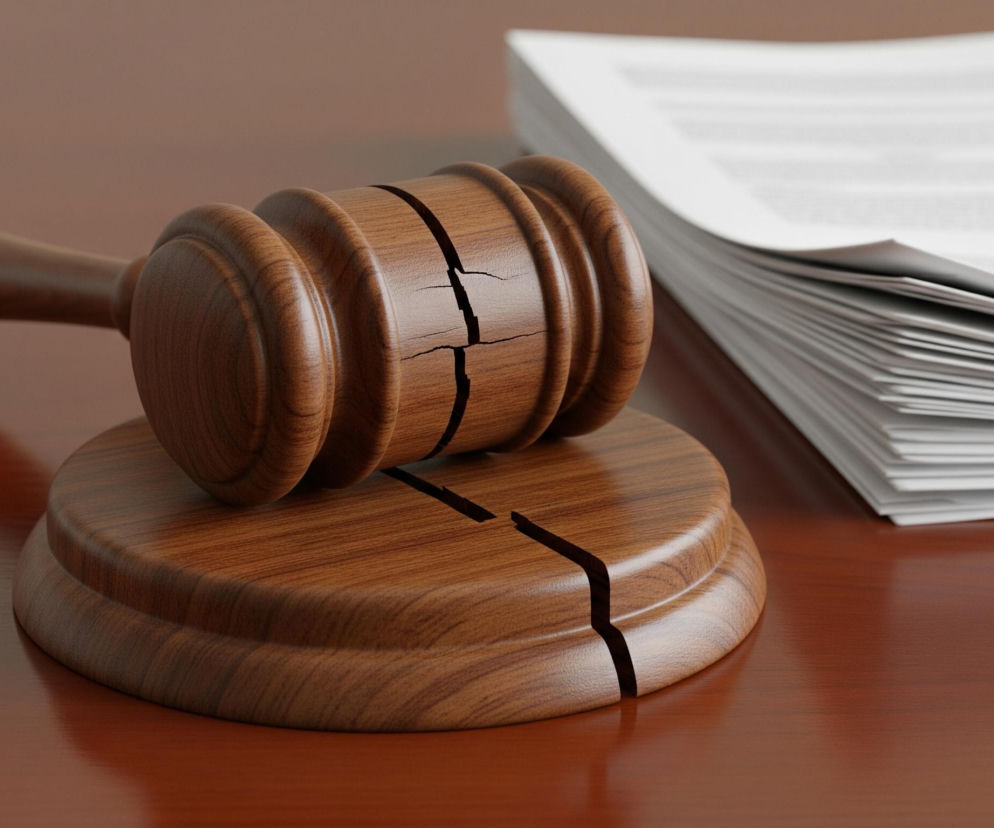 Na drewnianym stole leży uszkodzony, drewniany młotek sędziowski oraz stos białych dokumentów. Główna część młotka, jak i jego okrągła podstawka, są rozłamane na pół nieregularną linią pęknięcia. Drewno ma brązowy kolor z widocznymi słojami, a powierzchnia stołu jest ciemnobrązowa i błyszcząca. Z prawej strony leży stos kartek, z których tylko górna jest w pełni widoczna, a jej powierzchnia jest pokryta niewyraźnym, szarym tekstem.