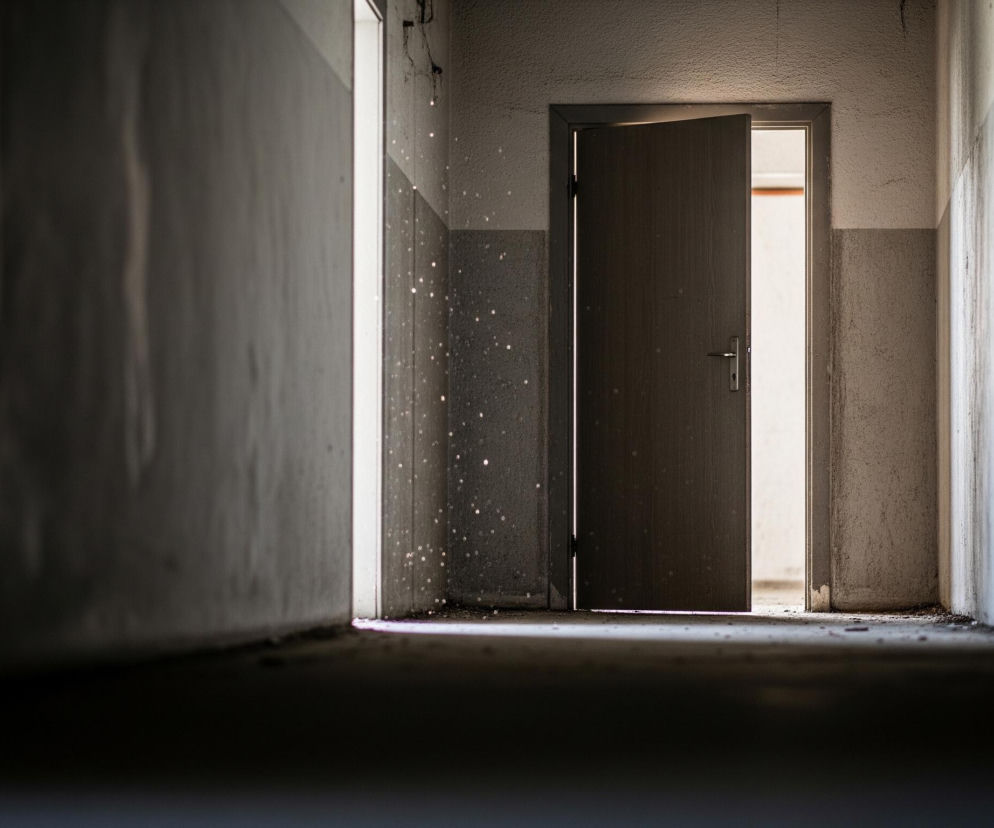 Długi, wąski, zaniedbany korytarz jest skąpany w półmroku. W centrum ujęcia znajduje się lekko uchylone, brązowe drzwi, zza których wydobywa się jasne światło. Na lewej ścianie, w miejscu gdzie światło wpada do korytarza, widocznych jest mnóstwo małych, jasnych plamek kurzu unoszącego się w powietrzu. Po prawej stronie biegnie równoległa do drzwi ściana, a podłoga korytarza jest ciemna i nieco rozmyta, z widocznymi zarysami pyłu i gruzu.