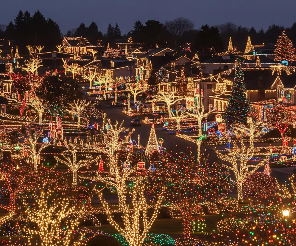 Krajobraz miejski w nocy, wypełniony licznymi domami i drzewami gęsto pokrytymi świątecznymi lampkami. Dominują ciepłe odcienie żółci i pomarańczy, przeplatające się z czerwonymi, zielonymi i niebieskimi światłami, tworząc wielobarwny blask. Na pierwszym planie widać drzewa i krzewy oplecione jasnymi, drobnymi lampkami, a dalej rozciąga się zabudowa mieszkalna z podświetlonymi elewacjami, dachami i ozdobnymi figurami. W tle widoczny jest ciemny horyzont z zarysem drzew i ciemniejącym niebem.