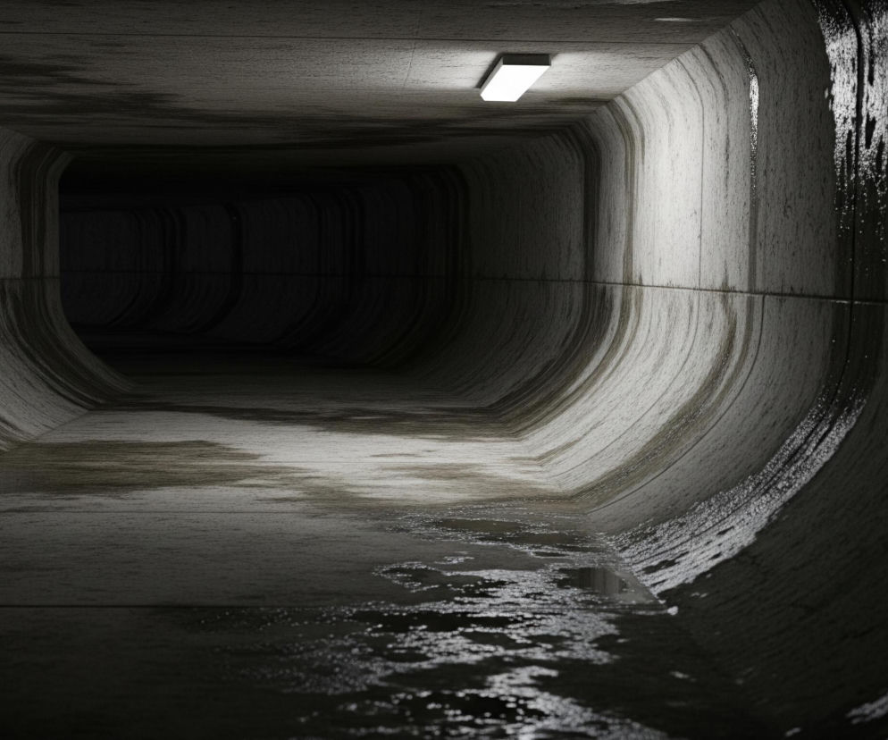 Korytarz o prostokątnym przekroju zwęża się w oddali, tworząc tunel, którego ściany i podłoga są szare. Centralnie na suficie, w prawej części korytarza, świeci białe, podłużne światło, rozjaśniając betonowe powierzchnie. Na ścianach i podłodze widać liczne ciemne zacieki oraz kałuże, które odbijają światło, sugerując obecność wilgoci. W tle tunel pogrąża się w ciemności.