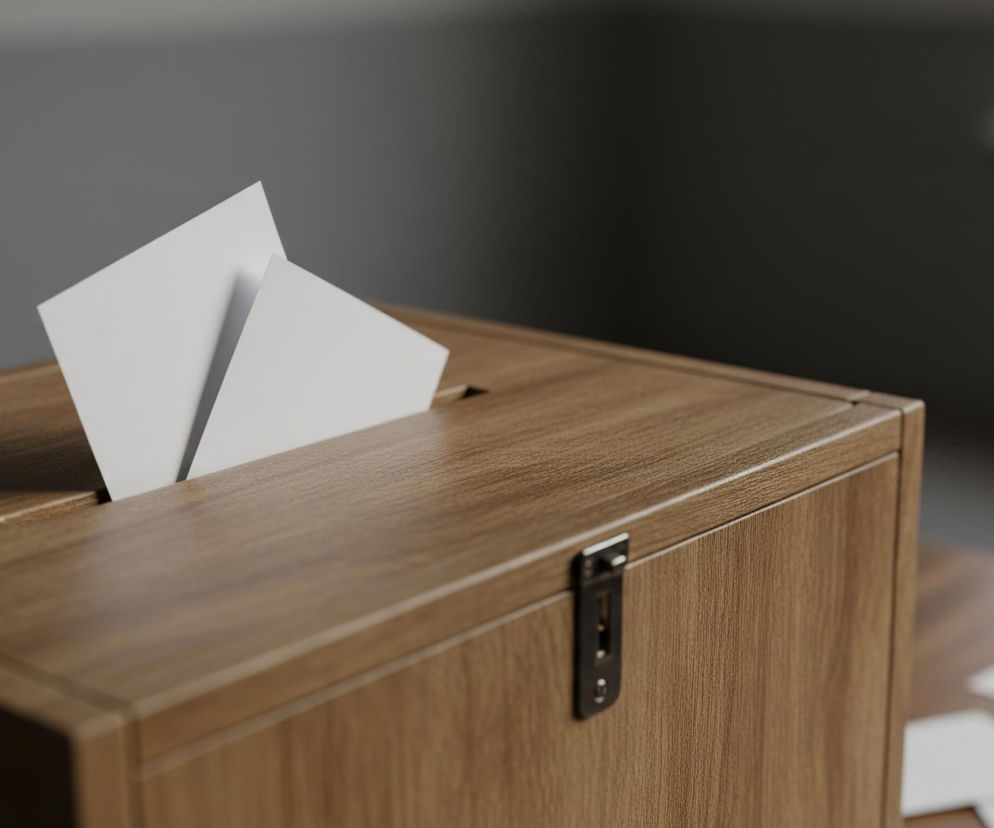 Drewniana skrzynka na głosy, w jasnobrązowym kolorze z widocznym usłojeniem, zajmuje centralną część kadru. W górnej części skrzynki znajduje się podłużny otwór, z którego wystają dwie białe kartki papieru. Po prawej stronie skrzynki, na jej bocznej ścianie, widać ciemny, metalowy zaczep. Skrzynka stoi na drewnianym blacie, na którym w prawym dolnym rogu leżą rozrzucone inne białe kartki, lekko rozmyte. Tło jest stonowane, w odcieniach szarości, z częściowo widocznym rozmazanym oknem po prawej stronie.