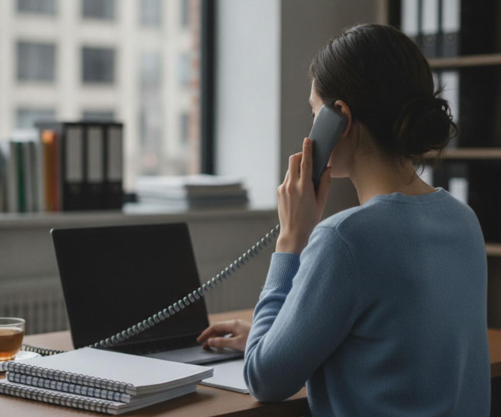 Kobieta rozmawiająca przez telefon stacjonarny, siedząca tyłem do obiektywu przy biurku z laptopem, notatnikami i herbatą. Scena symbolizuje pomoc psychologiczną i wsparcie dla nauczycieli w kryzysie, o czym przeczytasz na Poradnik Zdrowie.