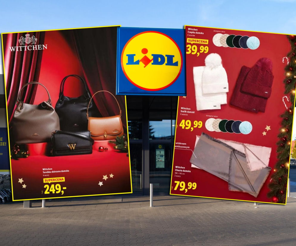 Plakat reklamowy z ofertą Wittchen w Lidlu. Widoczne torebki damskie, czapki, szaliki, chusty i walizki z cenami. Zdjęcie ilustruje artykuł o świątecznej ofercie Wittchen w Lidlu, o której przeczytasz więcej na Super Biznes.