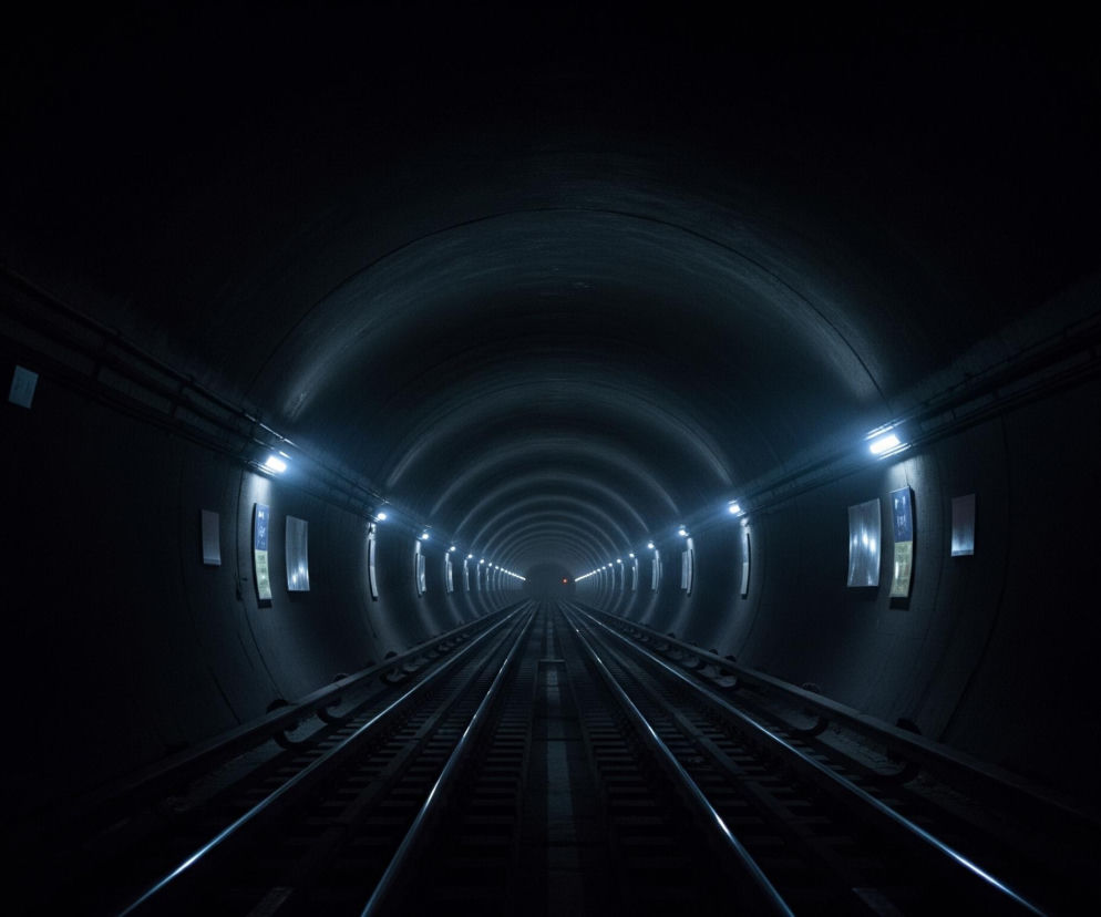 Tunel o cylindrycznym sklepieniu dominuje scenę, rozciągając się w dal i tworząc głęboką perspektywę. Na ciemnoszarych ścianach tunelu, wzdłuż jego lewej i prawej strony, rozmieszczone są równomiernie białe, prostokątne lampy, rzucające chłodne, niebieskawe światło. Pomiędzy lampami wiszą pionowe, jasne tablice, odbijające światło i tworzące świetliste refleksy.

Na dnie tunelu ułożone są dwa równoległe tory kolejowe, składające się z ciemnych szyn i podkładów, biegnące prosto w kierunku zbieżnego punktu w oddali. Na lewym torze, tuż obok, widać ciemną, podłużną konstrukcję, która prawdopodobnie jest elementem zabezpieczającym torowisko. W głębi tunelu, daleko w perspektywie, widoczny jest mały, czerwony punkt świetlny. Całe wnętrze tunelu jest utrzymane w ciemnych odcieniach szarości i czerni, z kontrastującymi jasnymi punktami świateł, podkreślającymi jego długość i głębię.