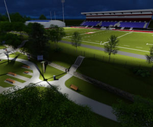 Edukacyjny ekotaras -   propozycja zagospodarowania terenu przyległego do Olimpijskiego Stadionu Rugby z widokiem na dolinę i Łynę.