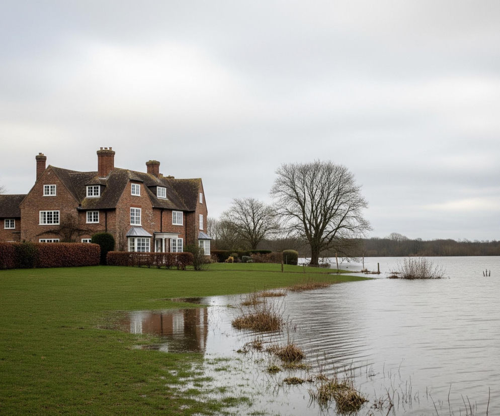 Duży, ceglany dom stoi na zielonej, częściowo zalanej działce obok rozległego zbiornika wodnego. Budynek, z licznymi białymi oknami i wieloma ceglanymi kominami na dachu, otoczony jest gęstym, brązowym żywopłotem i bezlistnymi drzewami. Woda zalała prawą część trawnika, odbijając fragment domu i szare, pochmurne niebo. Na horyzoncie widoczny jest ciemny pas lasu.