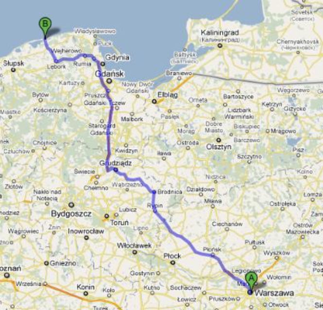 Trasa A1 Warszawa-Łeba - mapka