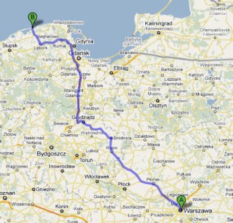 Trasa A1 Warszawa-Łeba - mapka