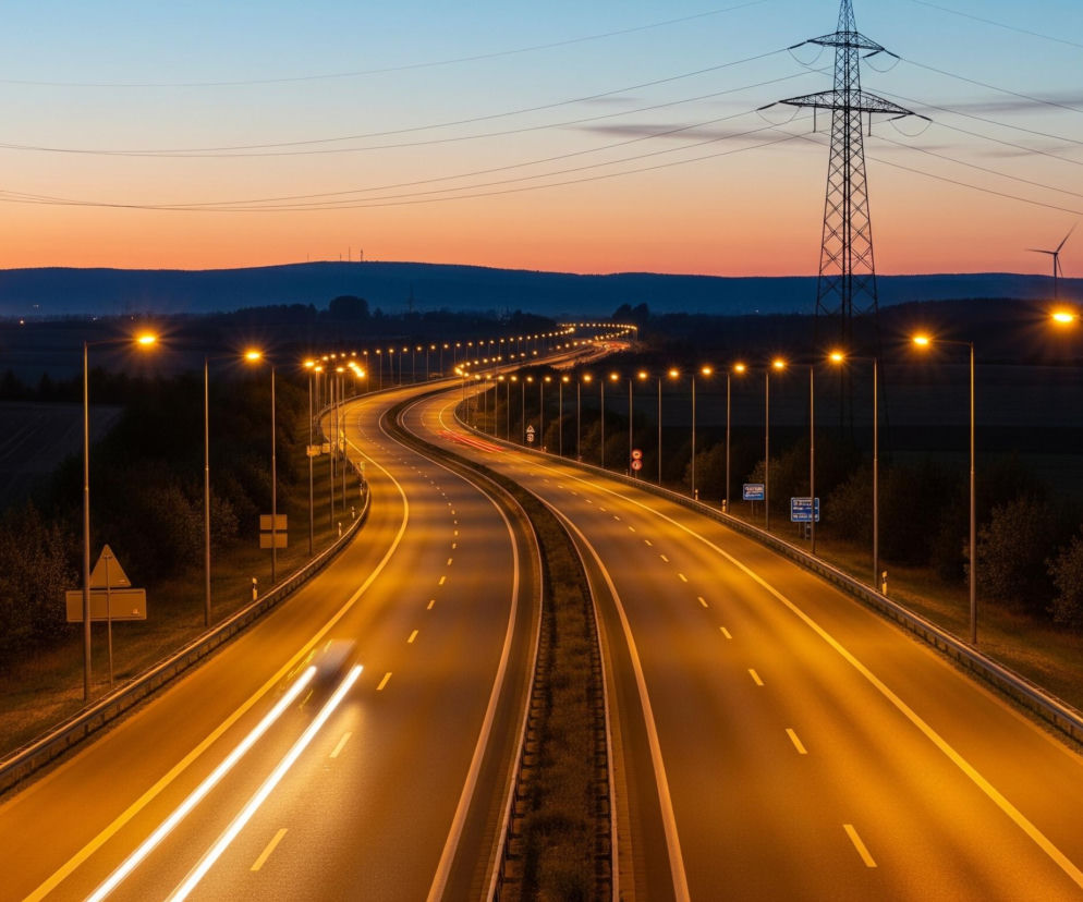 Długa, oświetlona autostrada wije się przez krajobraz o zmierzchu, zbiegając się w perspektywie ku odległemu horyzontowi. Jasnopomarańczowe światła latarni ulicznych oświetlają jezdnię, tworząc żółto-pomarańczowy blask na asfalcie, a na jezdni widać białe smugi świateł jadących pojazdów. Dwa metalowe słupy wysokiego napięcia dominują w tle, połączone liniami energetycznymi rozciągającymi się przez całą szerokość nieba, które przechodzi od błękitu u góry do różowo-pomarańczowego tuż nad ciemnym pasmem odległych wzgórz i lasów, na których widoczne są trzy turbiny wiatrowe.