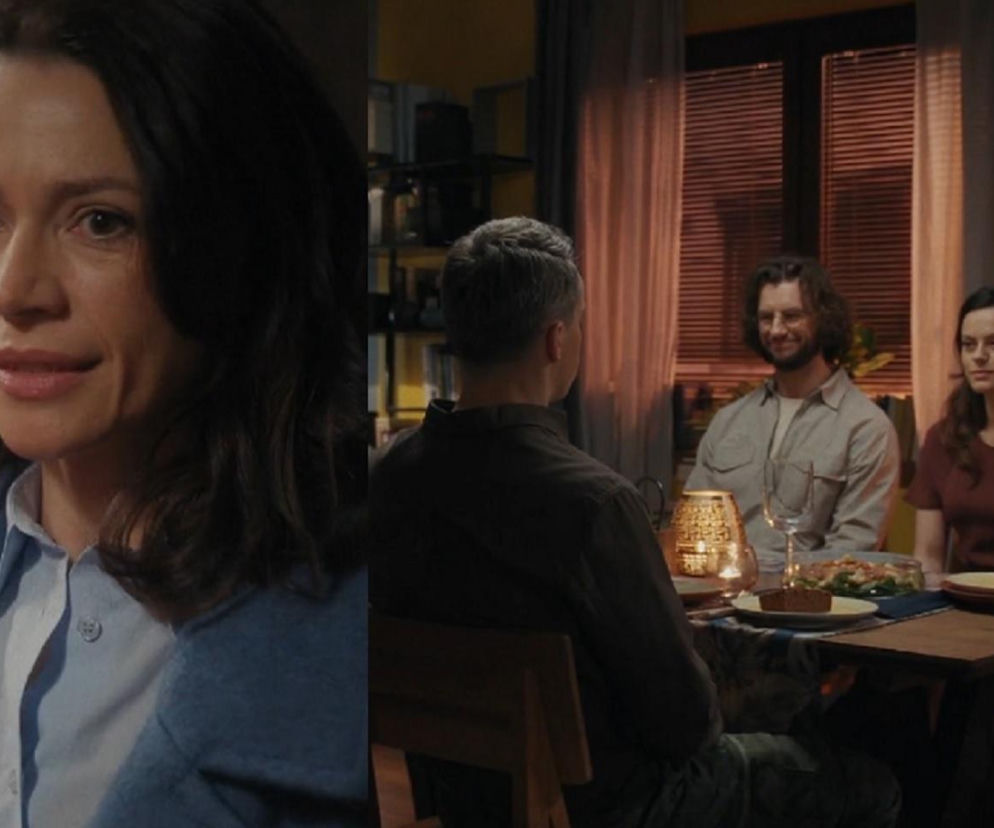 Podzielone zdjęcie: po lewej Martyna (Magdalena Turczeniewicz) z serialu M jak miłość w jasnej koszuli i błękitnej marynarce, lekko uśmiechnięta, z prawej widok na stół, przy którym siedzą plecami Jakub (Krzysztof Kwiatkowski) i Kasia (Paulina Lasota) z Mariuszem (Mateusz Mosiewicz) w trakcie kolacji, na Super Seriale przeczytasz więcej.