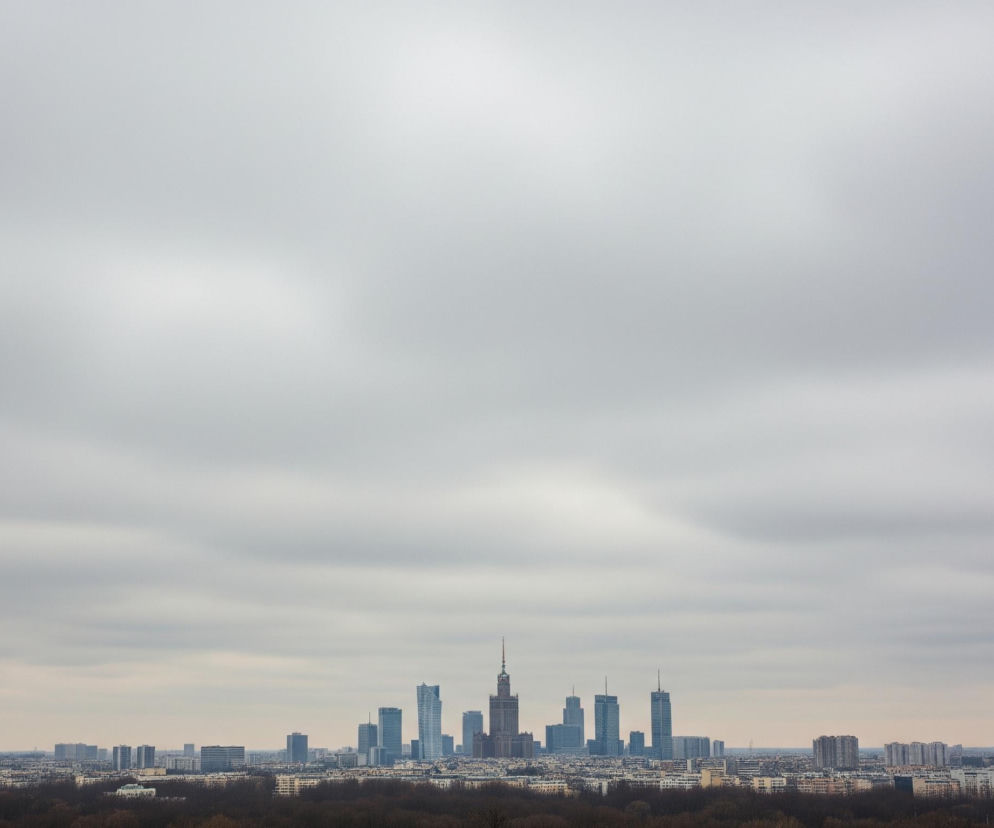 Szare, zachmurzone niebo zajmuje górną połowę kadru, z widocznymi poziomymi smugami chmur, sugerującymi ruch. Poniżej rozciąga się miejski krajobraz z licznymi budynkami, w tym wyraźną grupą wieżowców w centrum, które odcinają się od tła, jeden z nich ma charakterystyczną iglicę. Na pierwszym planie, u dołu obrazu, widać ciemne korony drzew bez liści, prawdopodobnie park lub las, a za nimi rozpościerają się liczne bloki mieszkalne i inne zabudowania.