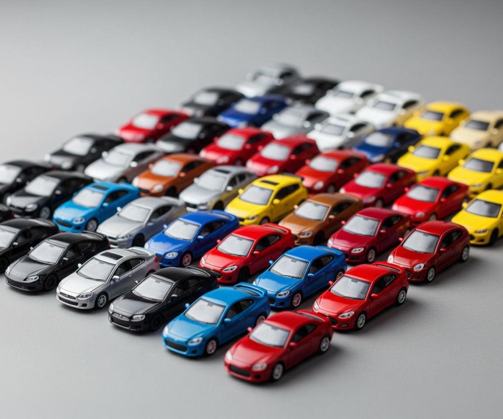Rzędy miniaturowych samochodzików w różnych kolorach ułożone są na szarym tle, tworząc skośny wzór od lewego dolnego rogu do prawego górnego. Większość pojazdów to hatchbacki, sedany i niektóre SUV-y, wszystkie skierowane w prawą stronę. Dominują kolory: czerwony, żółty, niebieski, czarny, srebrny, biały i pomarańczowy, tworząc wizualny gradacje od lewej do prawej i od dołu do góry.