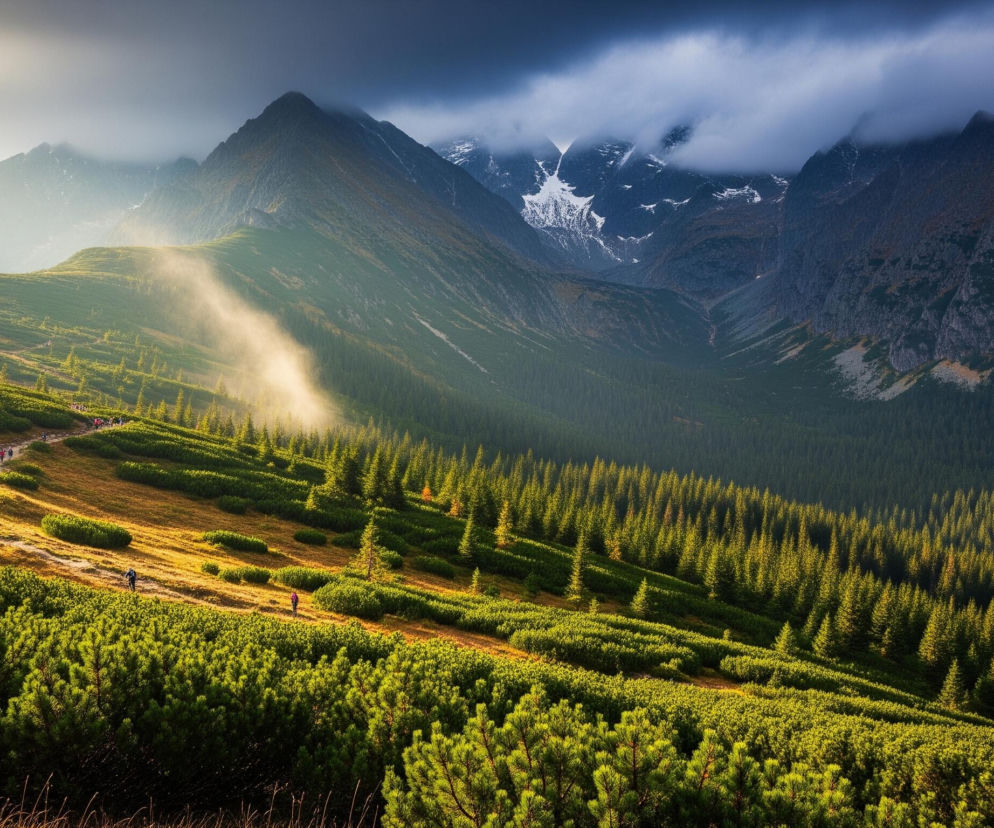 Szlak turystyczny wije się przez górzysty krajobraz, na którym liczni ludzie idą ścieżką w prawą stronę. Po lewej stronie szlaku dominują niskie, zielone krzewy, a po prawej zbocze pokryte jest rzadkimi sosnami i gdzieniegdzie kępami trawy. Horyzont przecinają majestatyczne, szare szczyty górskie, z których niektóre mają ośnieżone wierzchołki, częściowo zasłonięte przez białe, puszyste chmury. Niebo po lewej stronie obrazu rozjaśnia promień słońca, który rzuca złote światło na zbocza, podczas gdy po prawej dominuje ciemne, zachmurzone niebo.