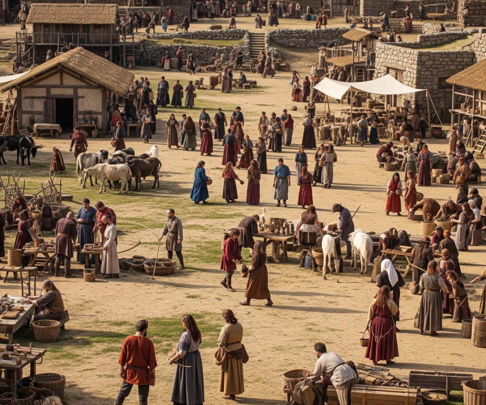 Rozległe, jasnobrązowe pole, przypominające plac targowy, jest wypełnione dziesiątkami osób w strojach z epoki, poruszających się wśród drewnianych budynków z dachami krytymi strzechą. Wokół i pomiędzy ludźmi pasie się wiele zwierząt, takich jak owce, kozy i osły, a także stoją liczne stragany i stoły z różnorodnymi towarami w koszach i beczkach. W tle widoczne są dalsze zabudowania mieszkalne i gospodarcze, niektóre zbudowane z kamienia, a także moreny z zieloną trawą, tworząc wrażenie rozległej osady. Całość skąpana jest w ciepłym, naturalnym świetle.